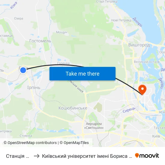 Станція Буча to Київський університет імені Бориса Грінченка map