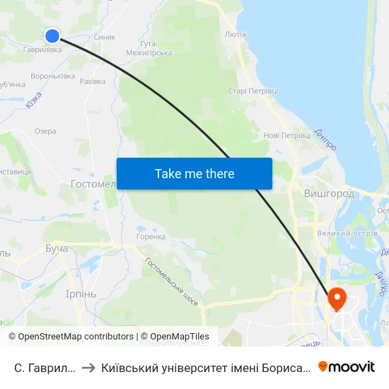 С. Гаврилівка to Київський університет імені Бориса Грінченка map
