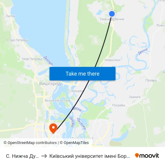 С. Нижча Дубечня to Київський університет імені Бориса Грінченка map