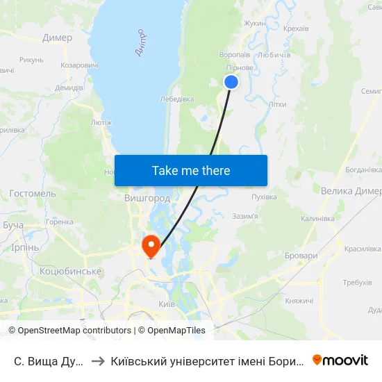 С. Вища Дубечня to Київський університет імені Бориса Грінченка map
