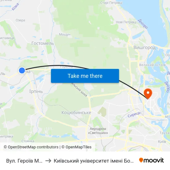 Вул. Героїв Майдану to Київський університет імені Бориса Грінченка map
