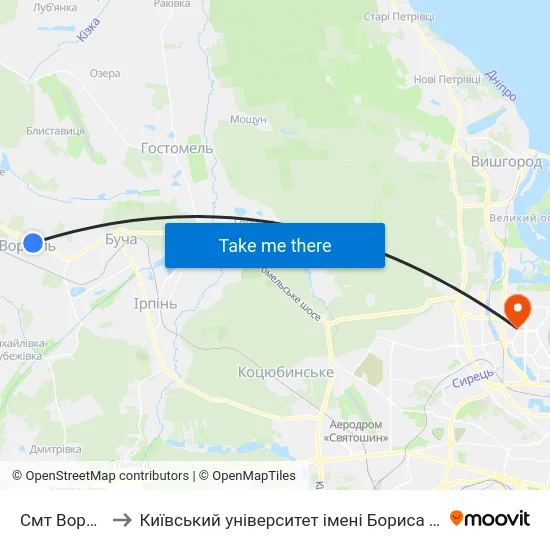 Смт Ворзель to Київський університет імені Бориса Грінченка map