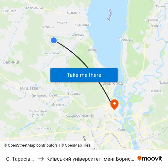 С. Тарасівщина to Київський університет імені Бориса Грінченка map