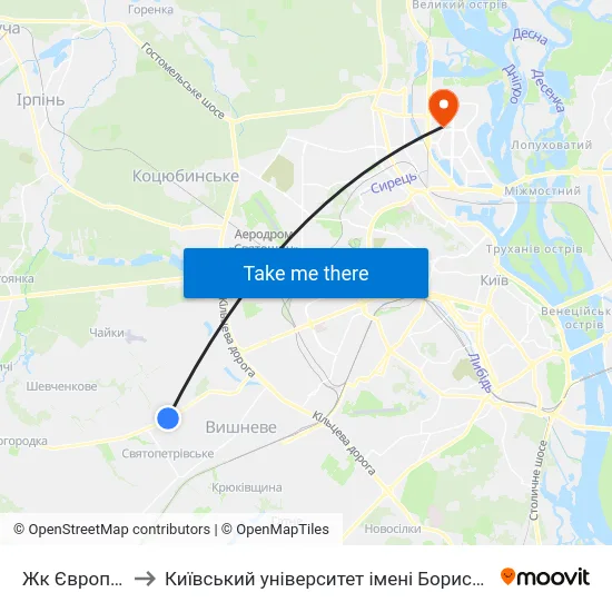 Жк Європейка to Київський університет імені Бориса Грінченка map