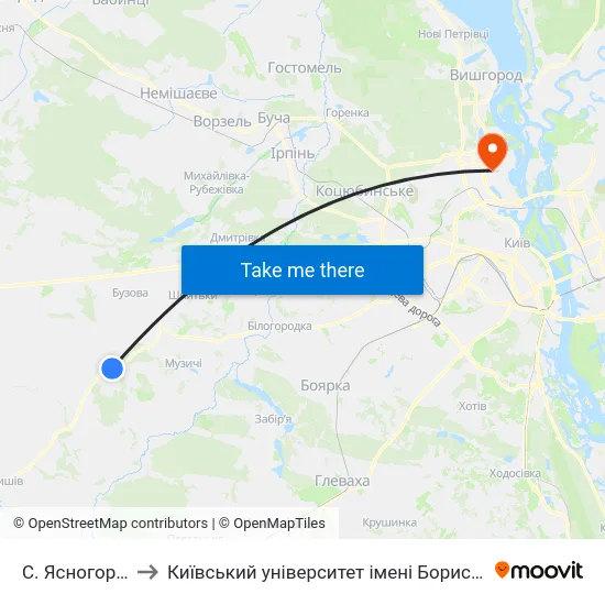 С. Ясногородка to Київський університет імені Бориса Грінченка map