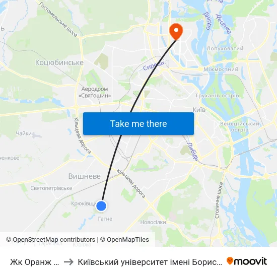 Жк Оранж Парк to Київський університет імені Бориса Грінченка map