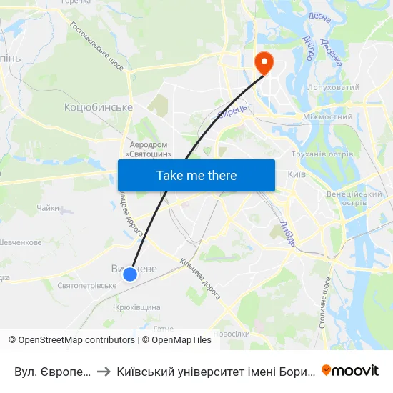 Вул. Європейська to Київський університет імені Бориса Грінченка map