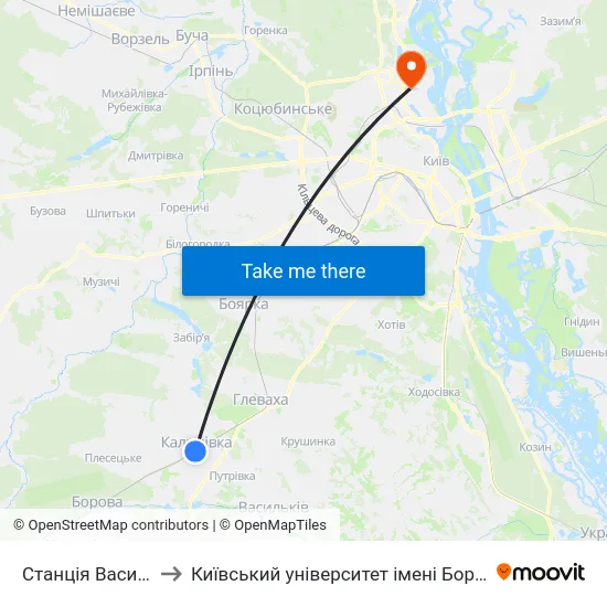 Станція Васильків-1 to Київський університет імені Бориса Грінченка map