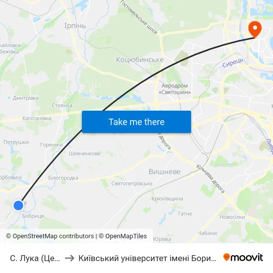 С. Лука (Церква) to Київський університет імені Бориса Грінченка map
