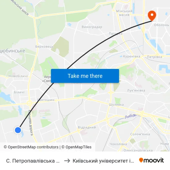 С. Петропавлівська Борщагівка (Центр) to Київський університет імені Бориса Грінченка map