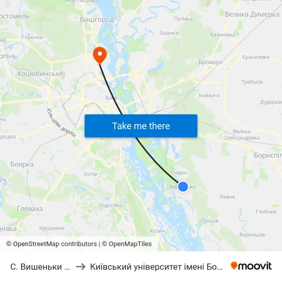 С. Вишеньки (Центр) to Київський університет імені Бориса Грінченка map