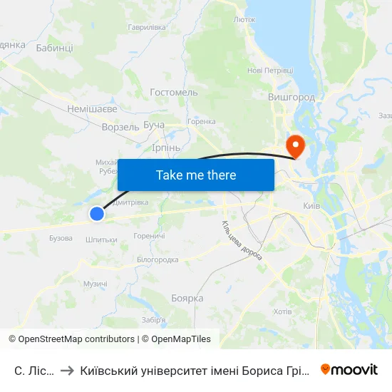 С. Лісне to Київський університет імені Бориса Грінченка map