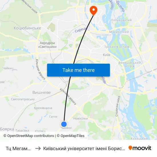 Тц Мегамаркет to Київський університет імені Бориса Грінченка map