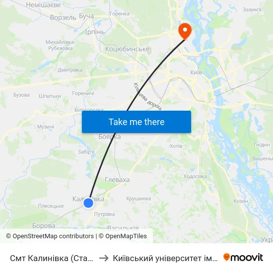 Смт Калинівка (Станція Васильків-1) to Київський університет імені Бориса Грінченка map