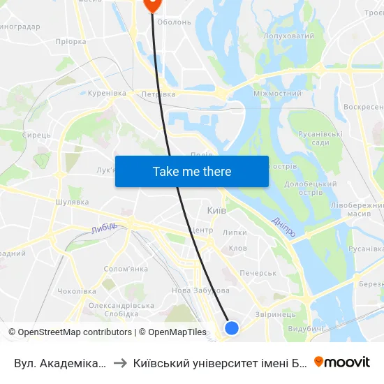 Вул. Академіка Філатова to Київський університет імені Бориса Грінченка map