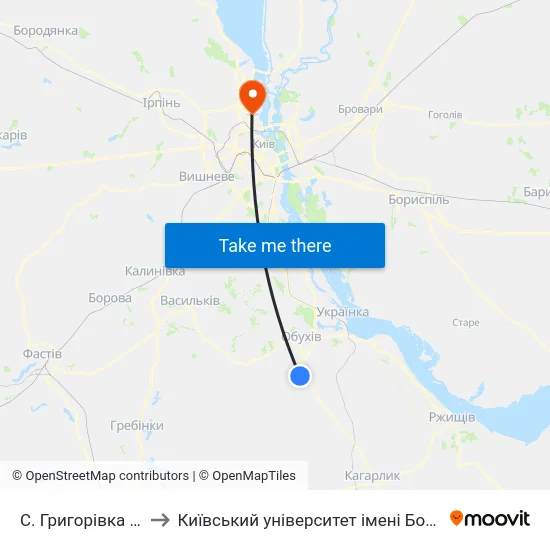 С. Григорівка (Центр) to Київський університет імені Бориса Грінченка map