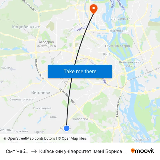 Смт Чабани to Київський університет імені Бориса Грінченка map