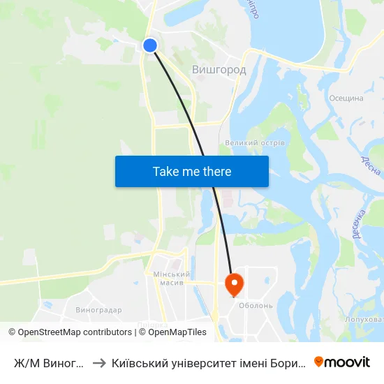 Ж/М Виноградар to Київський університет імені Бориса Грінченка map