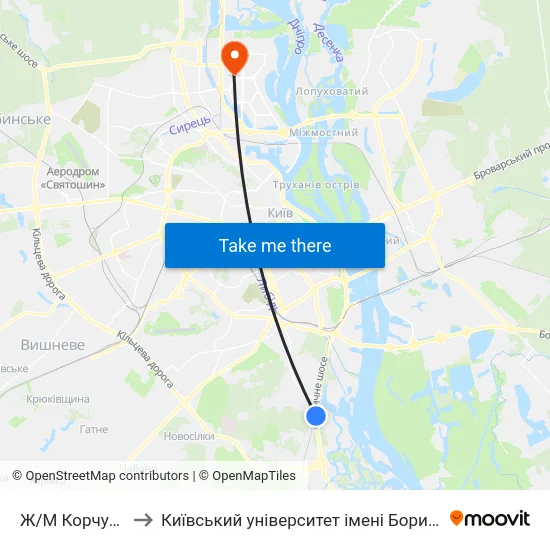 Ж/М Корчувате-2 to Київський університет імені Бориса Грінченка map
