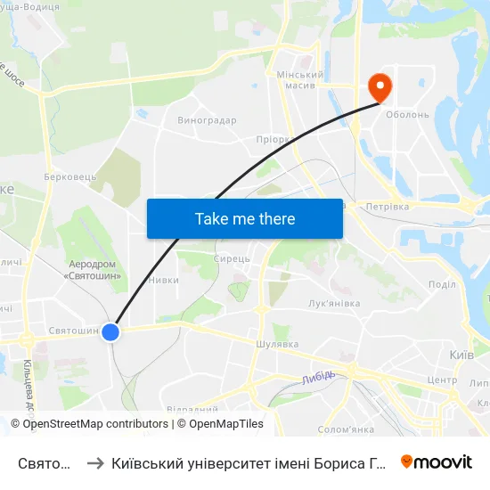 Святошин to Київський університет імені Бориса Грінченка map
