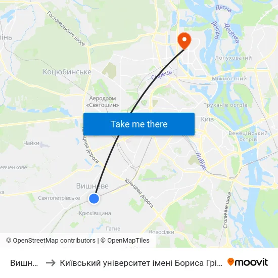 Вишневе to Київський університет імені Бориса Грінченка map