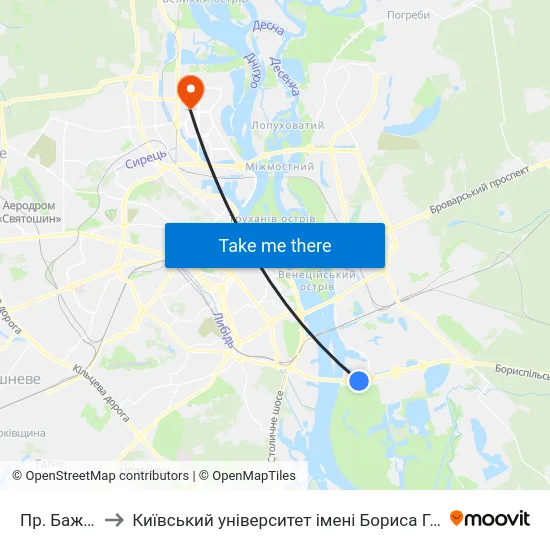 Пр. Бажана to Київський університет імені Бориса Грінченка map