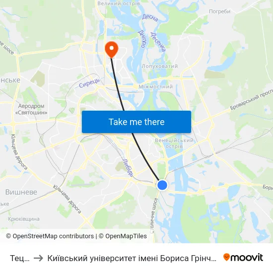 Тец-5 to Київський університет імені Бориса Грінченка map
