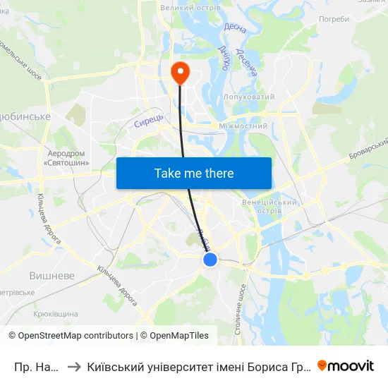 Пр. Науки to Київський університет імені Бориса Грінченка map