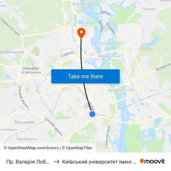 Пр. Валерія Лобановського to Київський університет імені Бориса Грінченка map