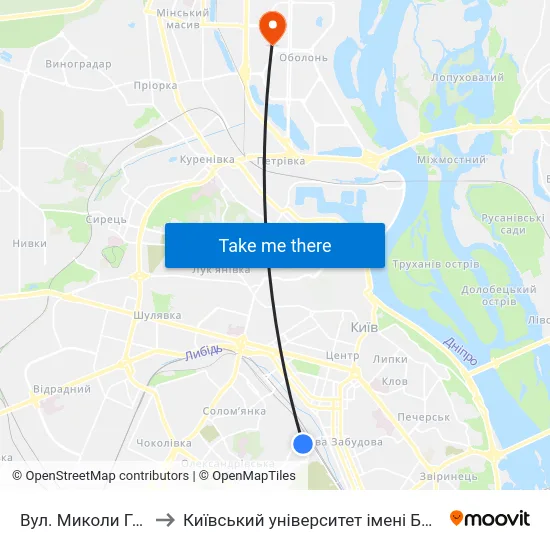 Вул. Миколи Грінченка to Київський університет імені Бориса Грінченка map