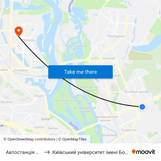 Автостанція Дарниця to Київський університет імені Бориса Грінченка map