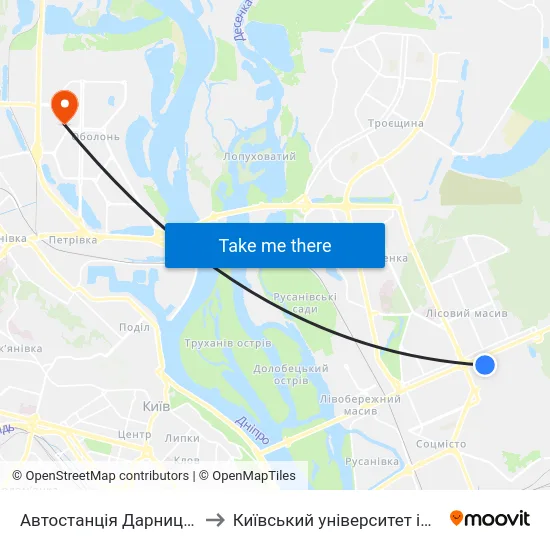 Автостанція Дарниця (Платформа №8) to Київський університет імені Бориса Грінченка map