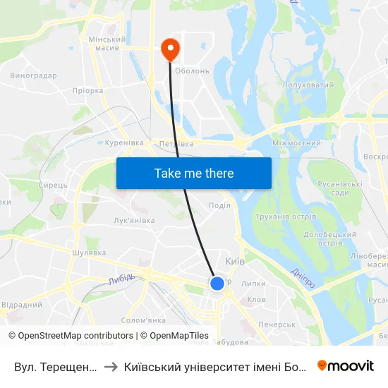 Вул. Терещенківська to Київський університет імені Бориса Грінченка map