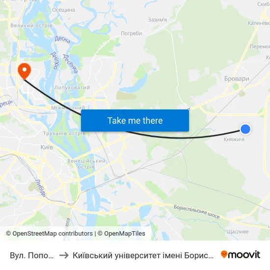 Вул. Поповича to Київський університет імені Бориса Грінченка map