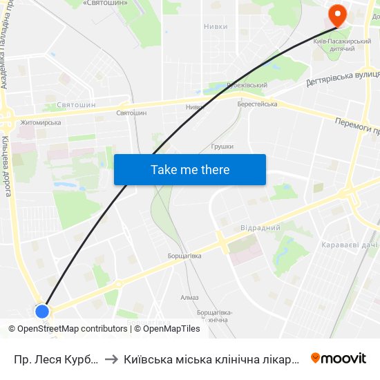 Пр. Леся Курбаса to Київська міська клінічна лікарня №9 map