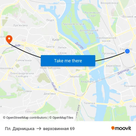 Пл. Дарницька to верховинная 69 map