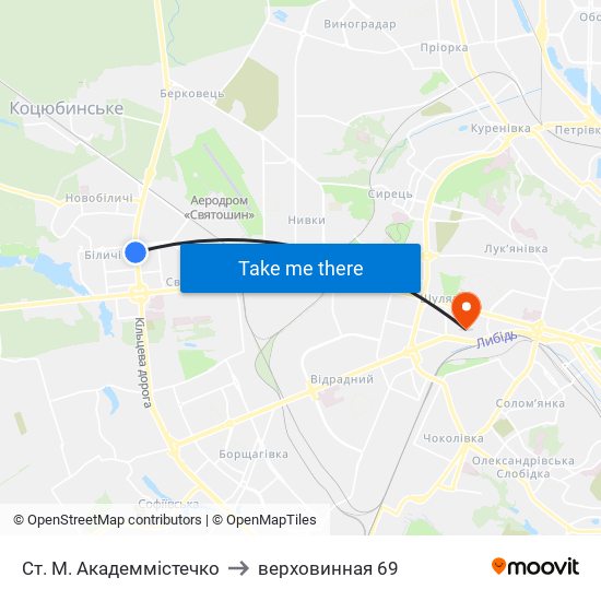 Ст. М. Академмістечко to верховинная 69 map