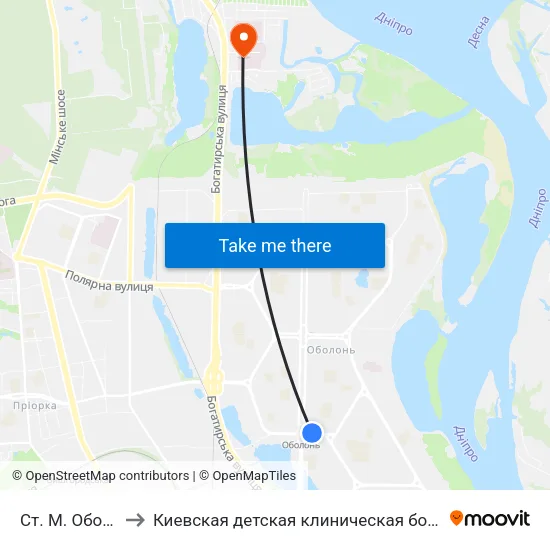 Ст. М. Оболонь to Киевская детская клиническая больница #1 map