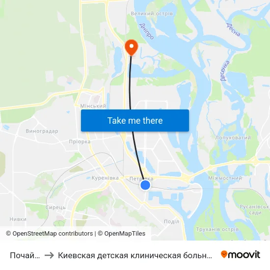 Почайна to Киевская детская клиническая больница #1 map