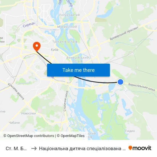 Ст. М. Бориспільська to Національна дитяча спеціалізована лікарня "Охмадит" - хірургічний корпус #11 map