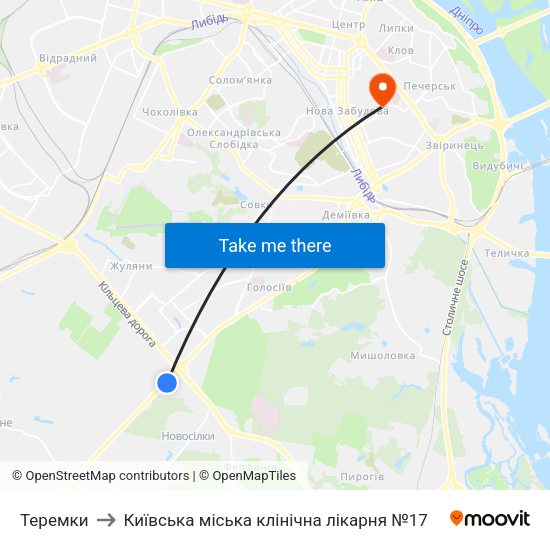 Теремки to Київська міська клінічна лікарня №17 map