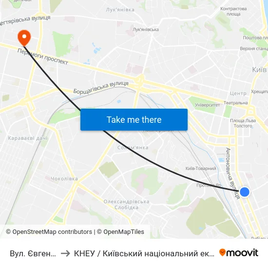 Вул. Євгена Коновальця to КНЕУ / Київський національний економічний університет ім. В. Гетьмана map