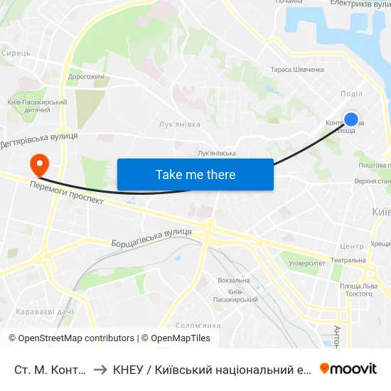 Ст. М. Контрактова Площа to КНЕУ / Київський національний економічний університет ім. В. Гетьмана map