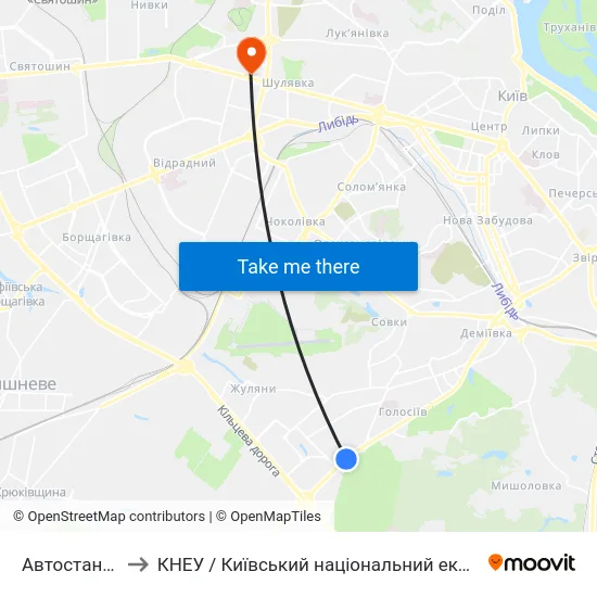 Автостанція Південна to КНЕУ / Київський національний економічний університет ім. В. Гетьмана map