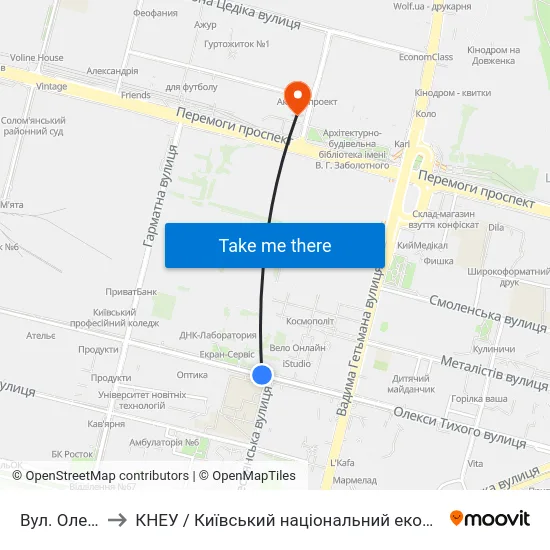 Вул. Олекси Тихого to КНЕУ / Київський національний економічний університет ім. В. Гетьмана map