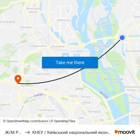 Ж/М Райдужний to КНЕУ / Київський національний економічний університет ім. В. Гетьмана map