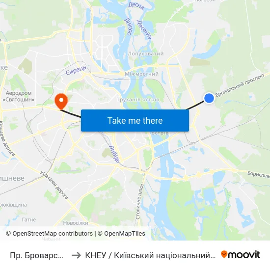 Пр. Броварський (Ст. М. Лісова) to КНЕУ / Київський національний економічний університет ім. В. Гетьмана map