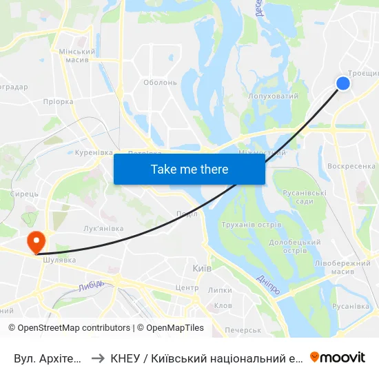 Вул. Архітектора Ніколаєва to КНЕУ / Київський національний економічний університет ім. В. Гетьмана map