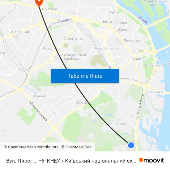Вул. Пирогівський Шлях to КНЕУ / Київський національний економічний університет ім. В. Гетьмана map
