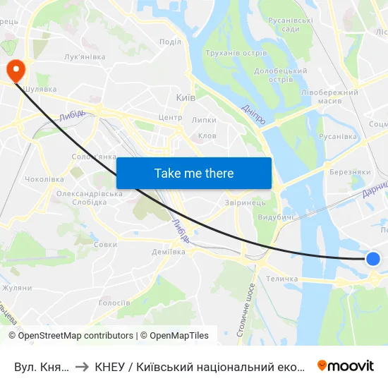 Вул. Княжий Затон to КНЕУ / Київський національний економічний університет ім. В. Гетьмана map